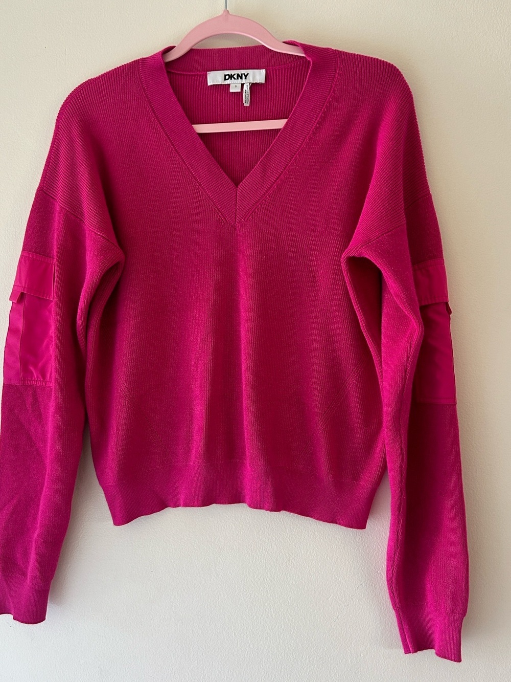 DKNY Women's V-Neck Sweater in Bright Fuchsia Pink